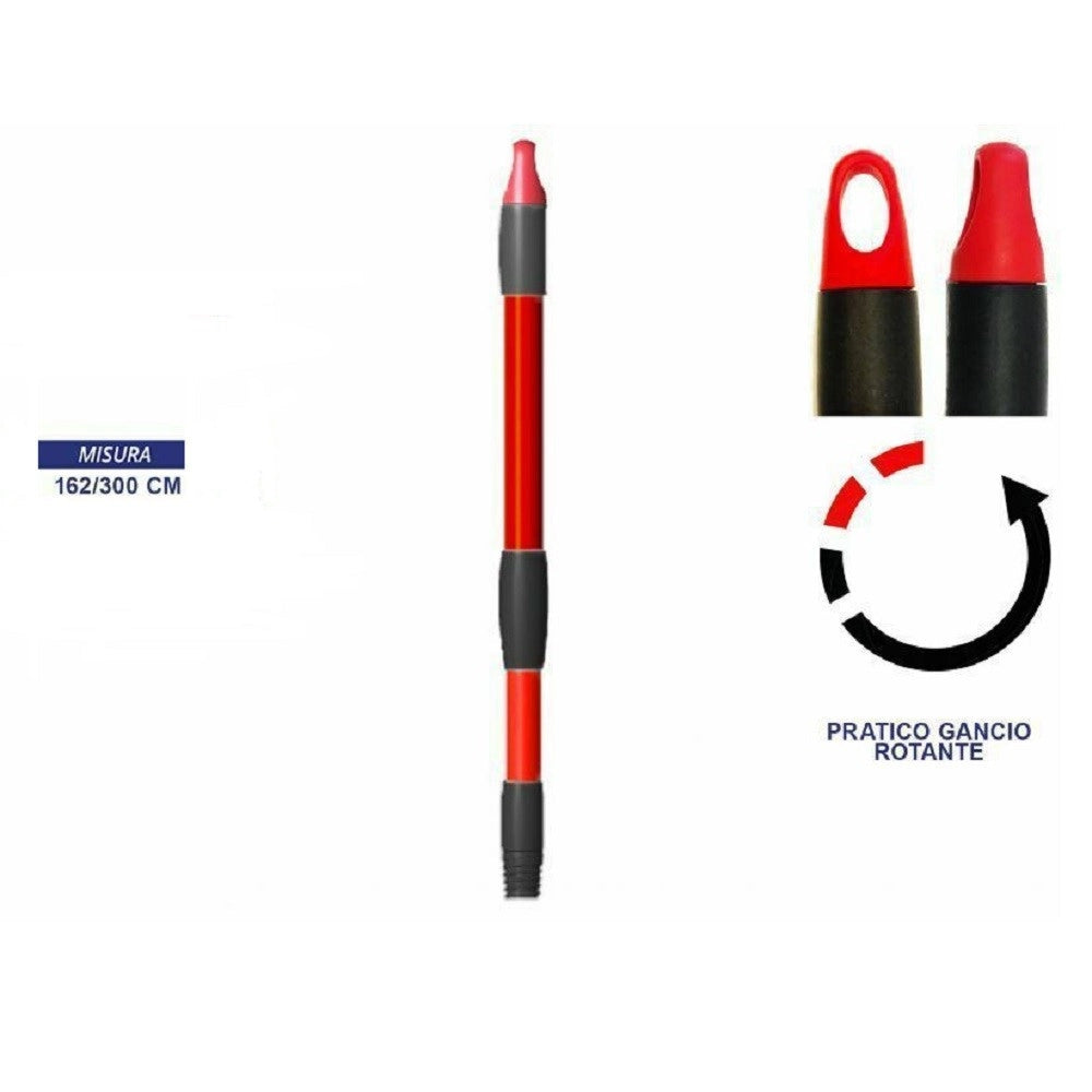 Trade Shop - Bastone Manico Telescopico Allungabile Rosso 162-300cm Con Gancio Rotante Scopa -