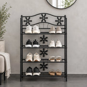 Scaffale in metallo nero a 4 ripiani con decorazioni floreali