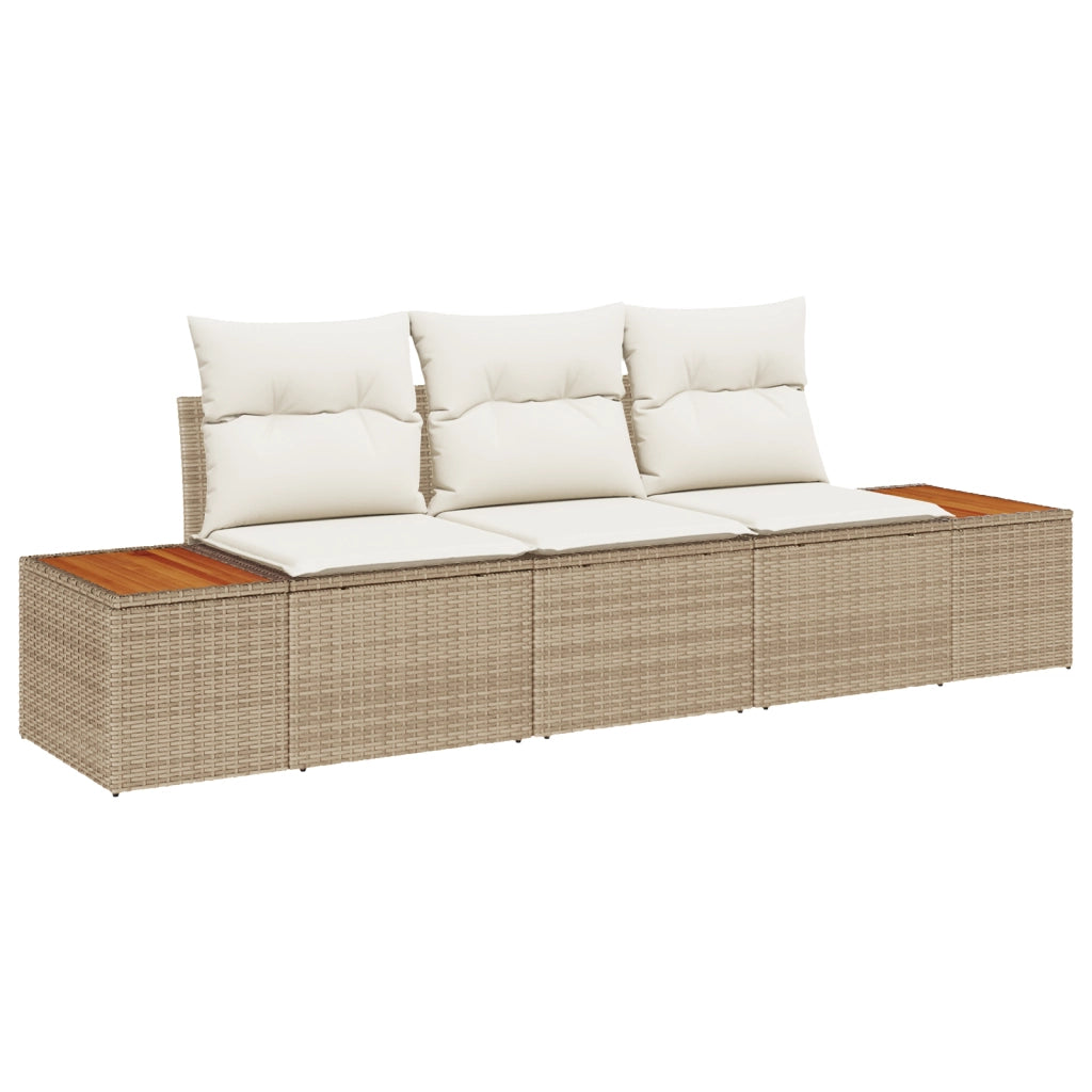 Set di Divani da Giardino 3 Pezzi con Cuscini Beige Rattan Polietilene Acacia