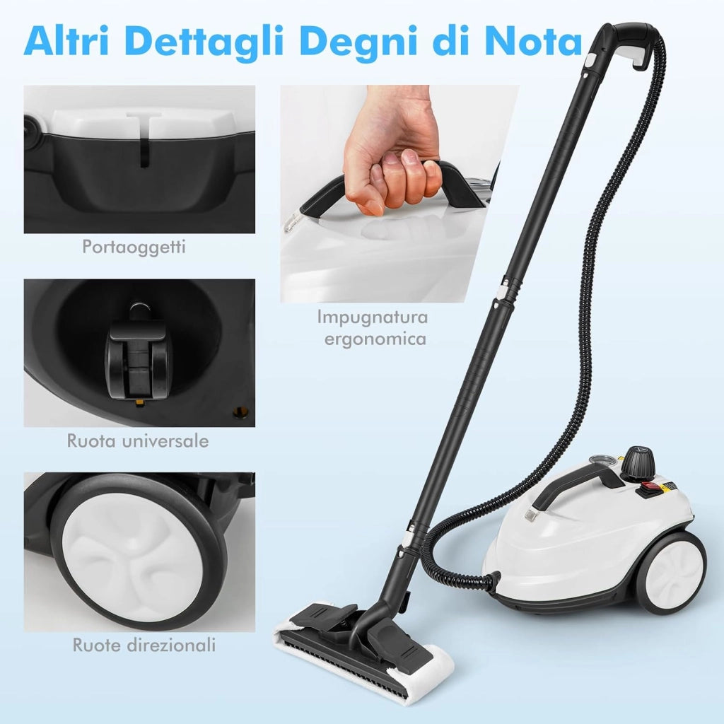 2000W Pulitore a Vapore, Macchina per Pulizia Rotante con 13 Accessori, Capacità d'Acqua di 1,8L, Macchina a Vapore Multiuso per Tappeti Finestre Vetri e Tende (Bianco)