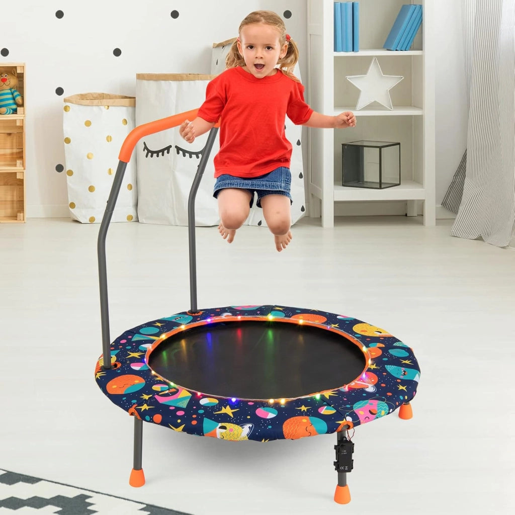 Trampolino Elastico per Bambini dai 3 ai 6 anni, Ø 92 cm, Tappeto Elastico Bambini con Luci a LED, Mini Trampolino da Giardino con Manico e Tappetino di Sicurezza, Portata fino a 25 kg