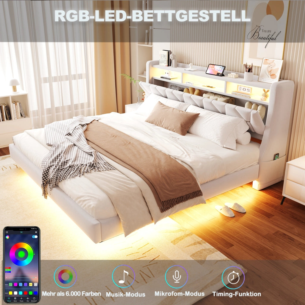 Letto Matrimoniale 180x200 cm con USB; Tipo C; LED; Testiera Contenitore in Velluto Beige