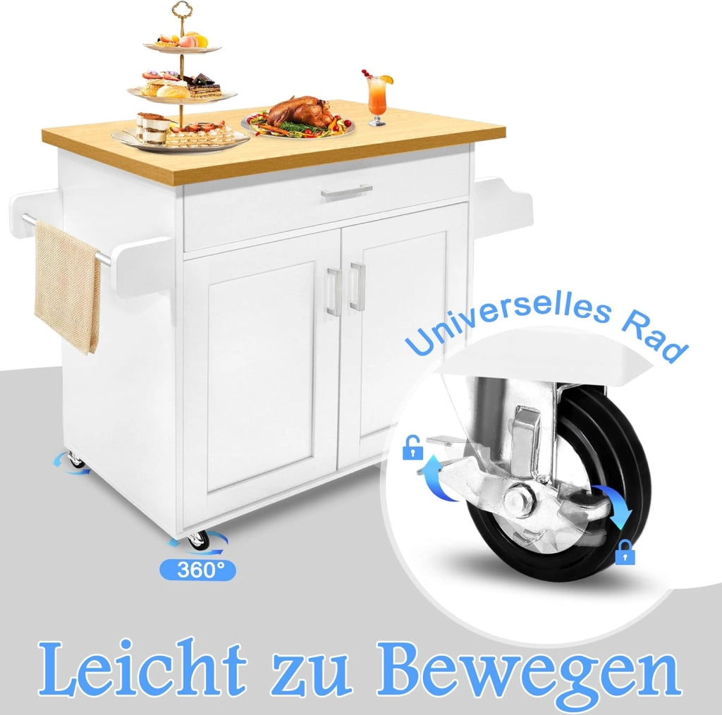 Carrello da Cucina con Ruote e Piano di Lavoro, Carrello Servizio in Legno con Portasciugamani e Portaspezie, Mobile Credenza Cucina Bianco, 115x90x36 cm