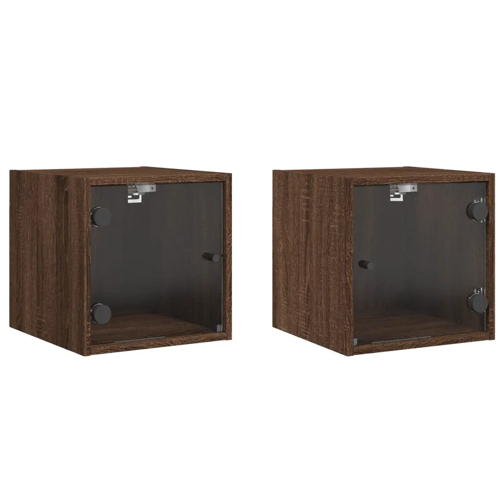Set di 2 Comodini | Armadio da Notte | Mobiletto da notte con Ante in Vetro Rovere Marrone 35x37x35 cm