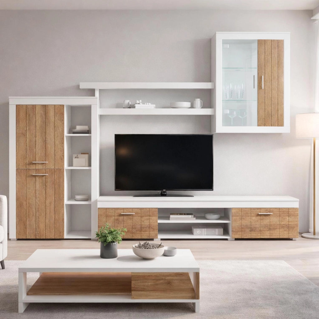 Parete Attrezzata Moderna Con Mobile TV Ante Vetrinetta Mensole E Vani A Giorno Moduli Sospesi Per Soggiorno Salotto 293 X 193 X 50 Cm Bianco E Noce