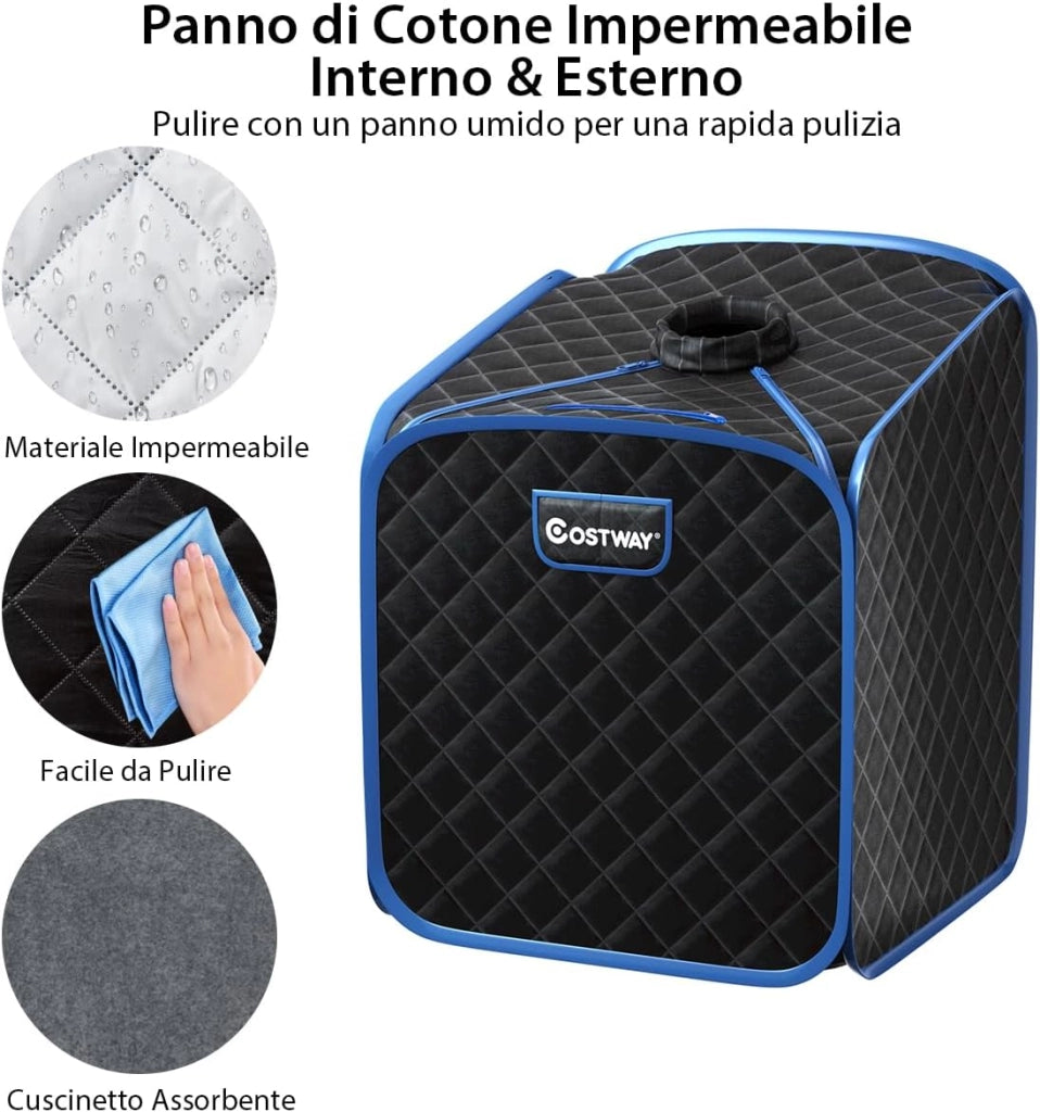 Sauna a Vapore Portatile con Telecomando, Cabina Sauna a Vapore Pieghevole con Sedia e 9 Livelli di Temperatura, Telaio in metallo (Nero)