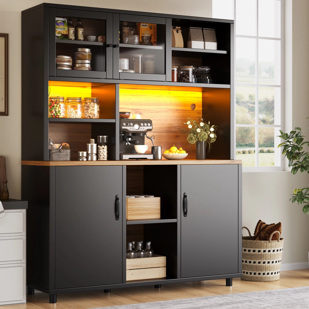 Armadio Alto con Ante Scorrevoli e Ripiani ¨C MINIMAL ¨C Nero con Venatura Legno, 185cm, LED