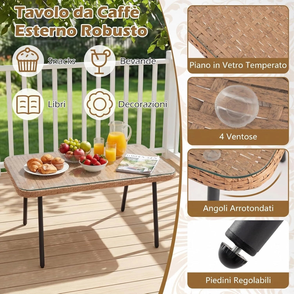 Set di 3 Pezzi Mobili da Giardino, 2 Divani in PE Rattan con Cuscini Imbottiti, Tavolino da Caffè Rotondo con Piano in Vetro Temperato, Facile da Pulire, per Cortile, Terrazza e Balcone
