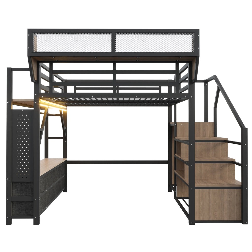 Letto a soppalco 140 × 200 cm con ripiani, asta appendiabiti, cassetti in tessuto et LED, senza materasso, nero