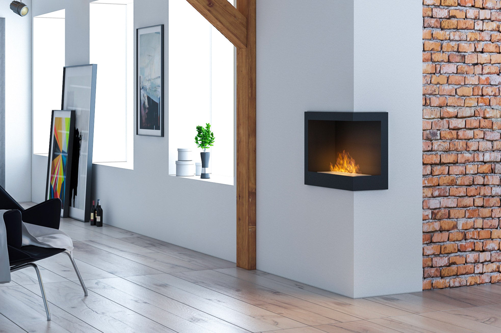 Camino a Bioetanolo da Incasso 60x45 cm Corner 600 Right Destro Nero con Vetro