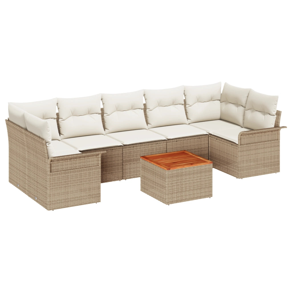 Set di divani da giardino da 8 pezzi con cuscini beige in polyrattan e acacia