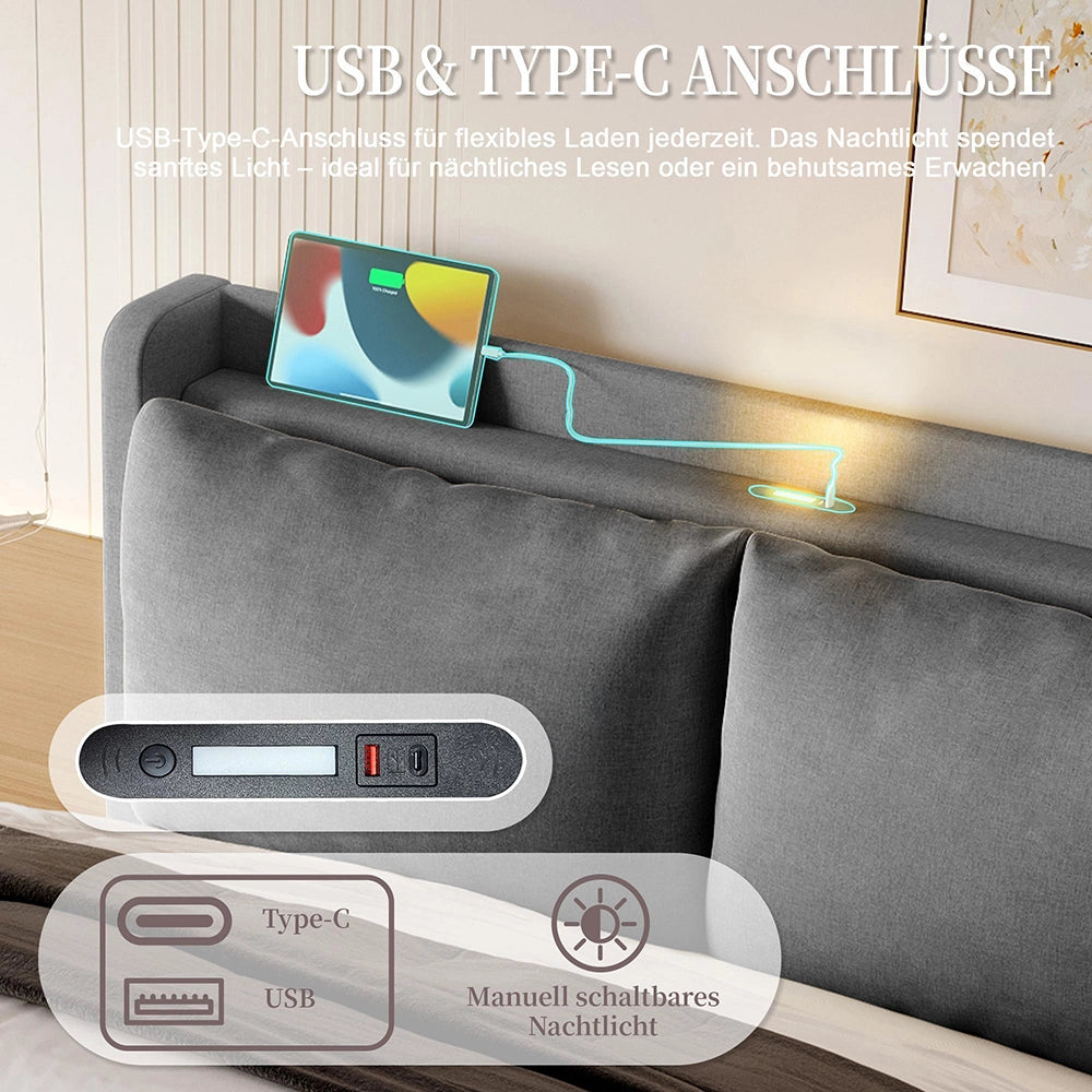 Letto a baldacchino 140x200cm - Xylo - velluto USB-C LED spazio ripiano