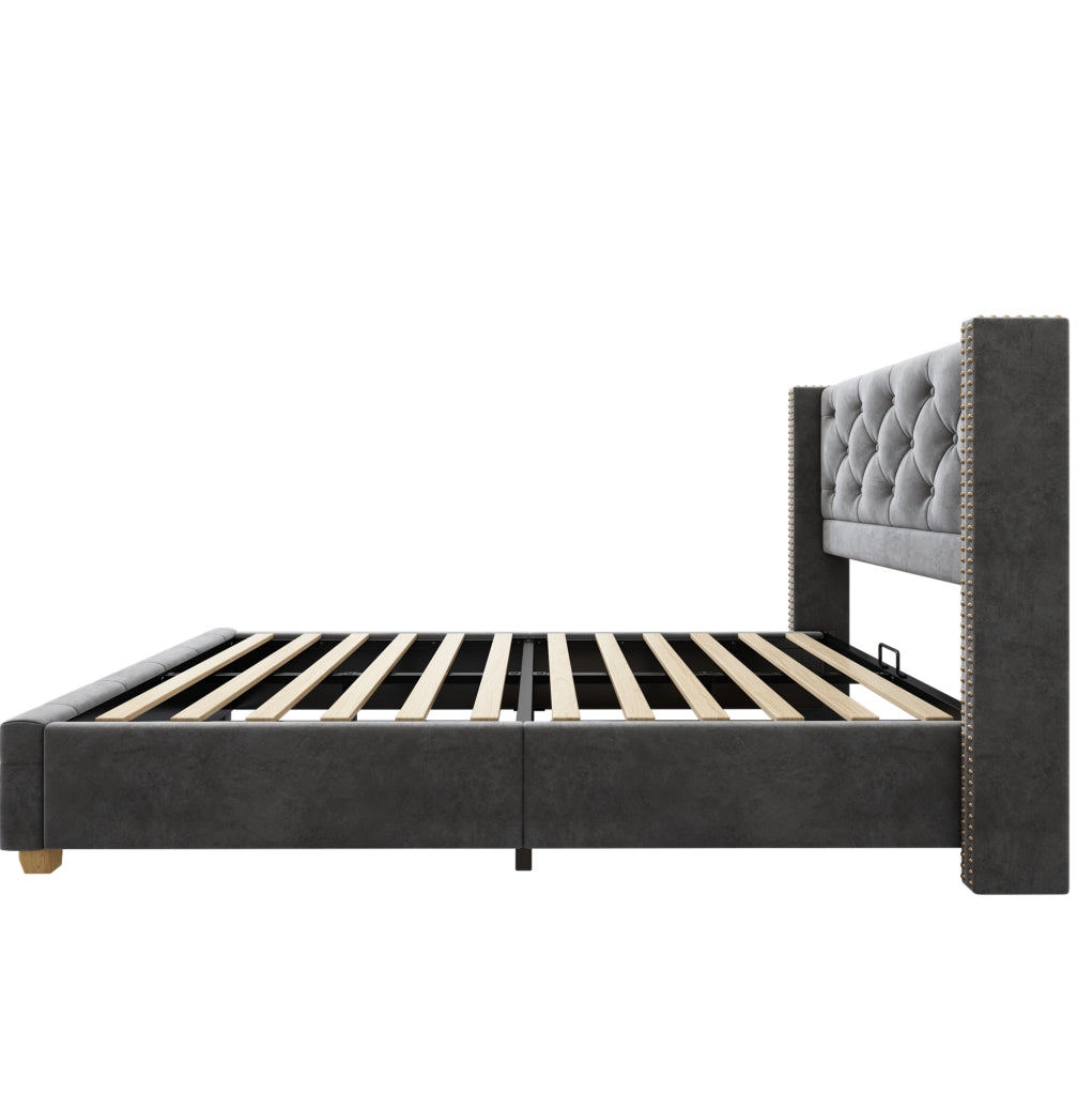 LETTO imbottito 90x200 cm in velluto grigio con rete a doghe