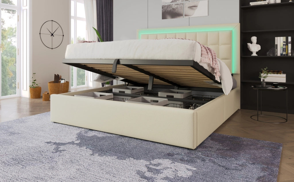 Letto contenitore matrimoniale 140 × 200 cm con illuminazione LED, contenitore idraulico e senza materasso, in PU bianco