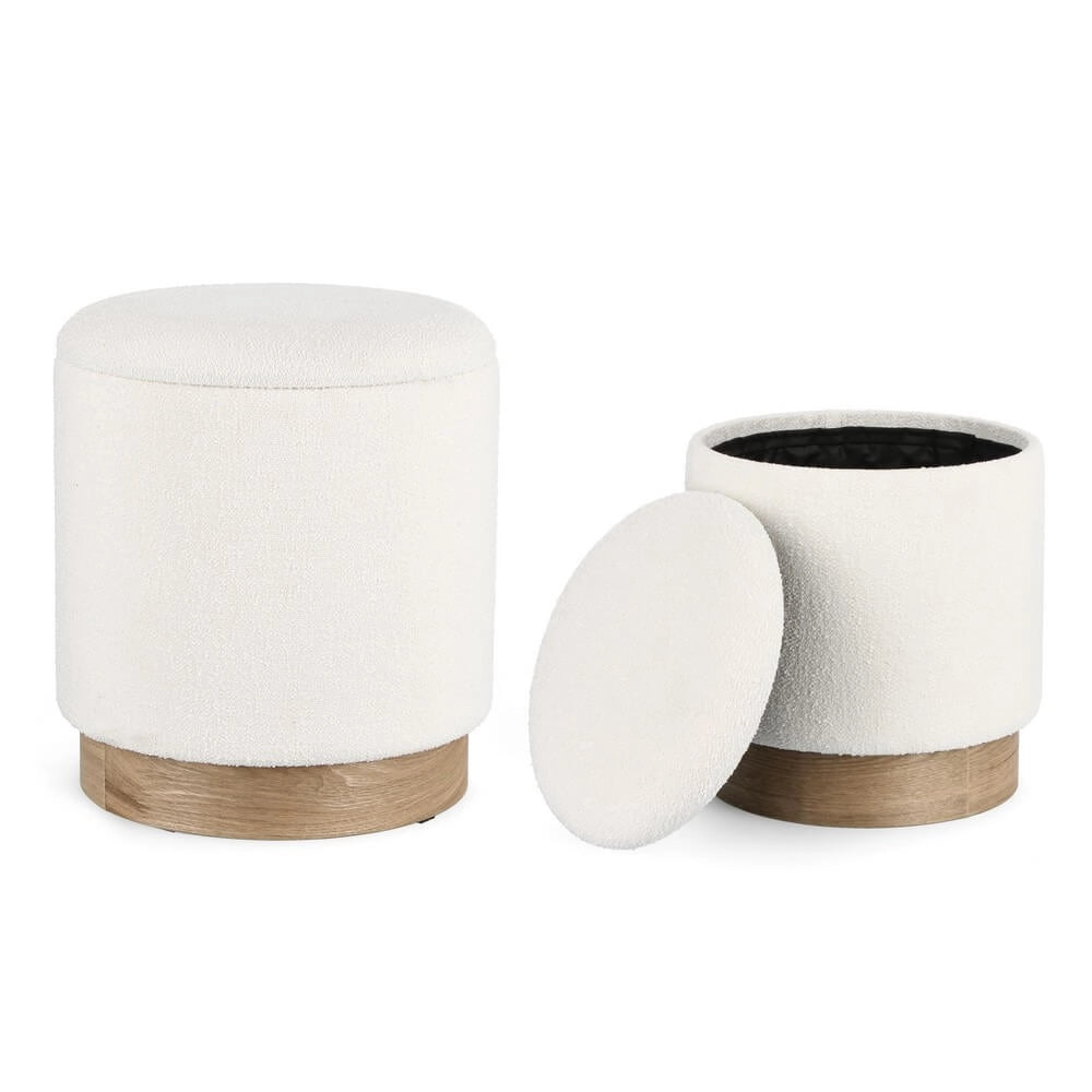 Set di 2 Pouf Rotondi Contenitore in Tessuto Bouclé con Base in Legno - BRIAN