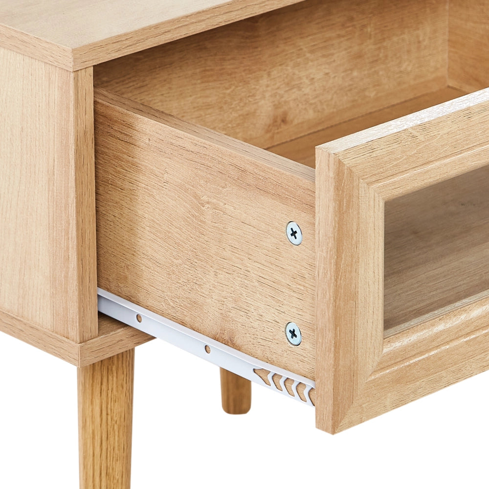 Comodino in legno chiaro con gambe in legno di pino 1 cassetto con ante in vetro Stile minimalista