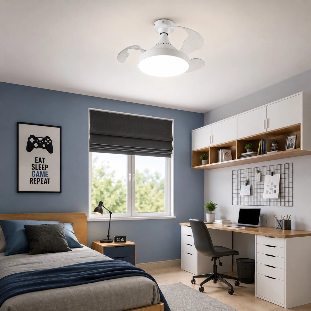 Ventilatore da Soffitto con Luce LED E27 Pale Retrattili Telecomando 4 Velocità e 3 Temperature Colore Dimmerabile