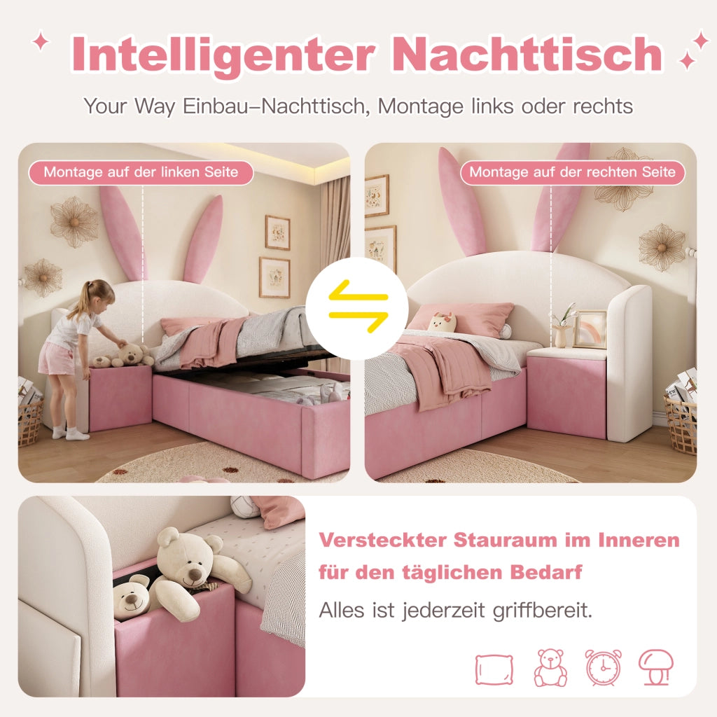 Letto imbottito con vano contenitore 90x190 cm velluto beige-rosa