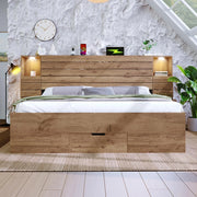 Letto matrimoniale in legno - Xylo - 160x200 cm - LED, USB-C, comodini sospesi, cassetti