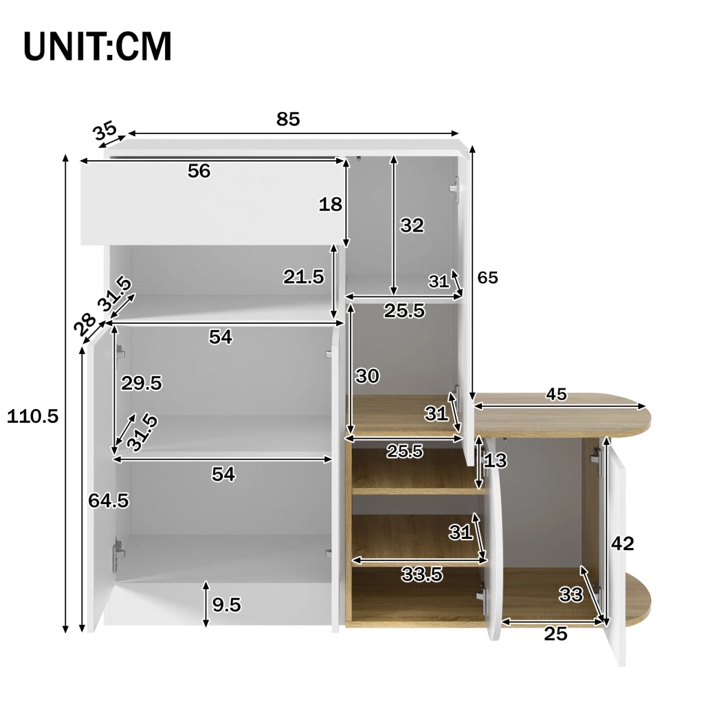 Mobile portascarpe con panca e vano a giorno, 1 cassetto, 5 ante, MDF, bianco e effetto legno, 130 x 35 x 110,5 cm