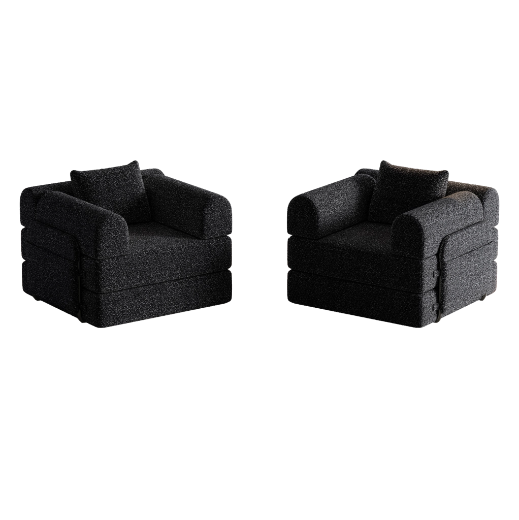 Divano letto 2 in 1 in ciniglia nero con vano bracciolo