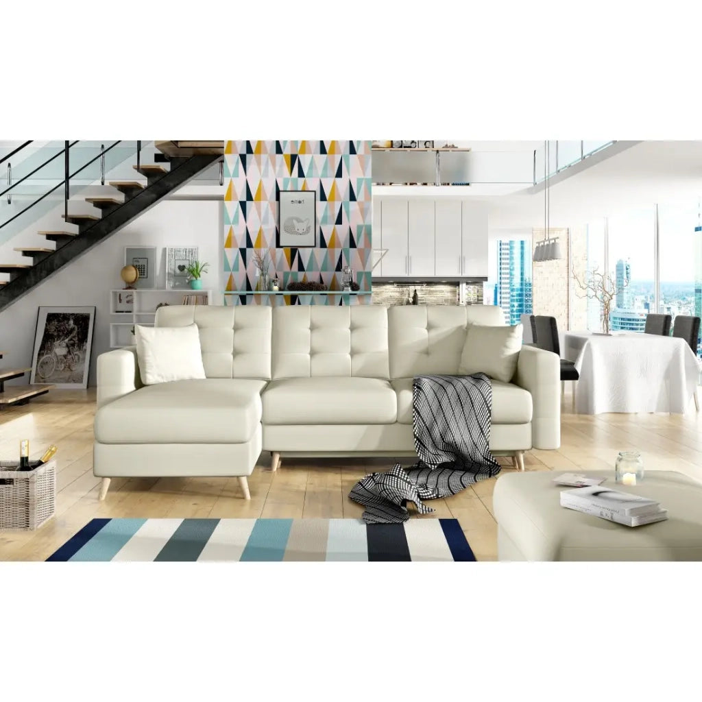 Divano angolare trasformabile HASGARD 3 posti beige 248x162 cm - con baule e piedi in legno
