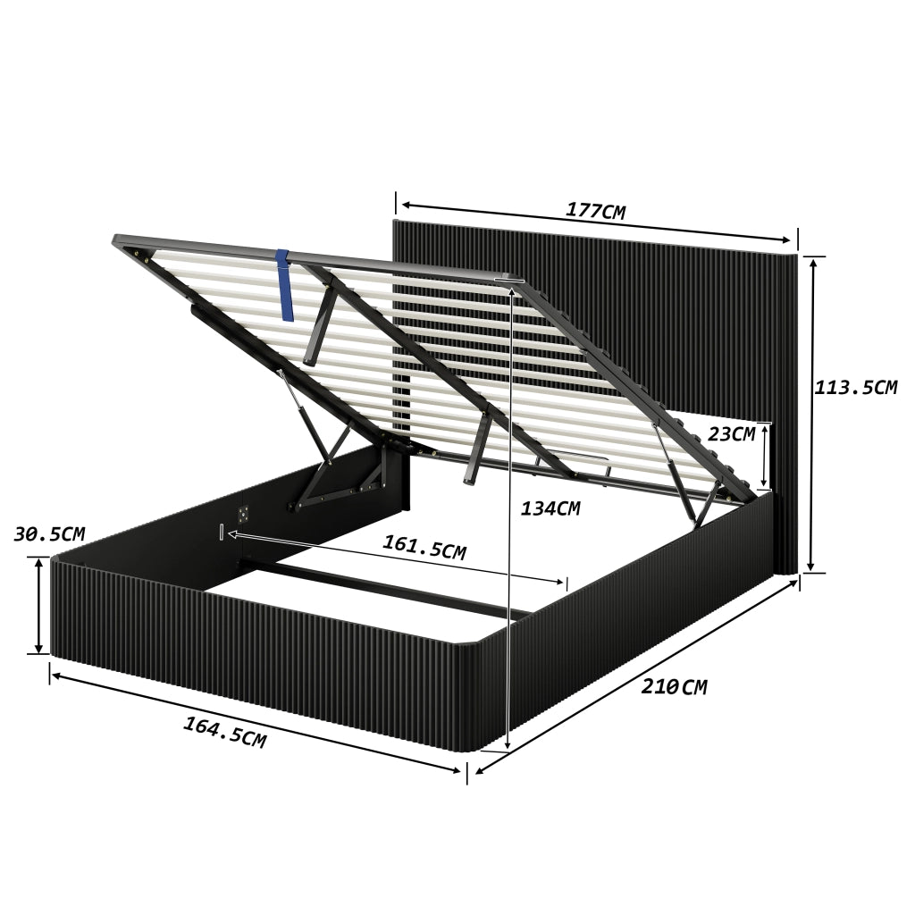 Letto contenitore 160 × 200 cm con sollevamento idraulico, grande vano, testiera a rilievo, senza materasso, nero
