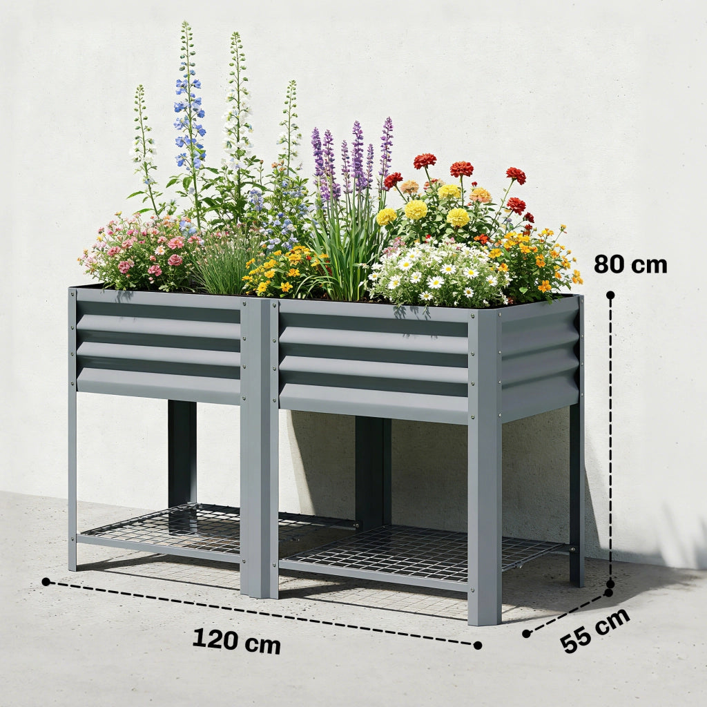 Orto Rialzato da Giardino con Ripiano ¨C Xylo ¨C Metallo Galvanizzato Grigio 120x55x80cm