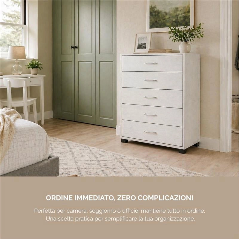 CASSETTIERA 5 CASSETTI MODERNA IN LEGNO BIANCO DIMENSIONI 50X40X101 CM