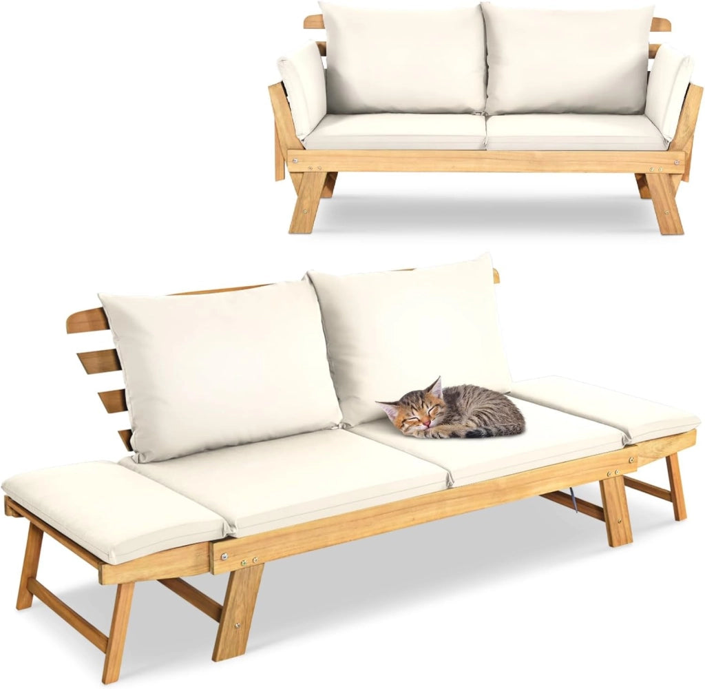 Divano Esterno da Giardino 2 Posti con Cuscino，Set da Giardino in Legno Certificato FSC，Sdraio da Giardino Pieghevole da 2 Persone,153/194 x 72 x 76 cm，Beige/Grigio