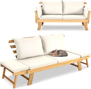 Divano Esterno da Giardino 2 Posti con Cuscino，Set da Giardino in Legno Certificato FSC，Sdraio da Giardino Pieghevole da 2 Persone,153/194 x 72 x 76 cm，Beige/Grigio