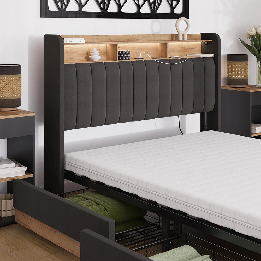 Vitalispa Letto imbottito Antracite/quercia 140x200 cm con 4 cassetti