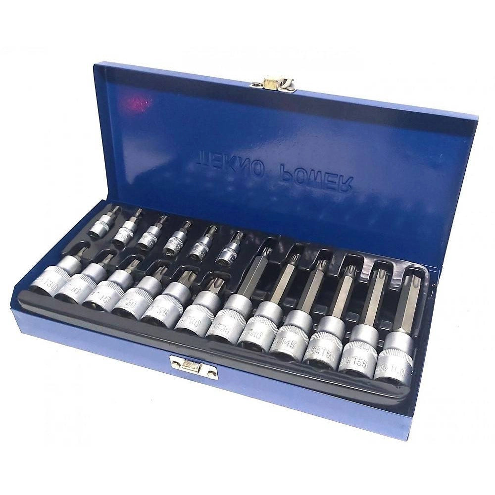 Trade Shop - Kit Set Inserti Chiavi 19 Pezzi Bussole Chiavi Torx Maschi 1/4" 1/2" In Valigia -