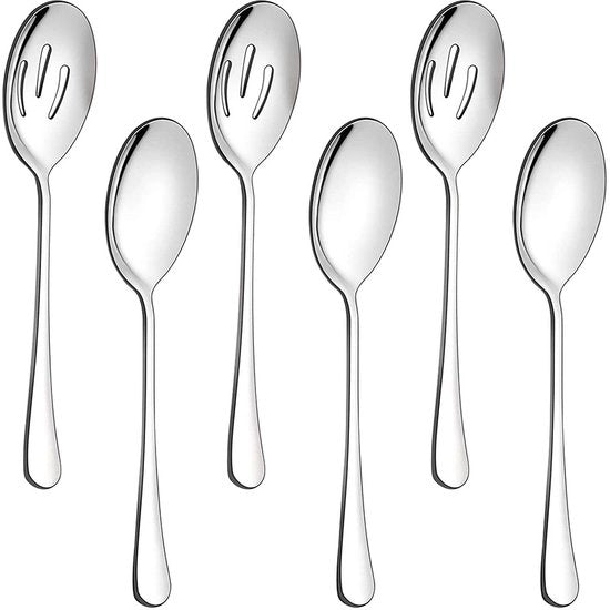 Set di 6 cucchiai da servire, 22 cm cucchiai in acciaio inossidabile, cucchiaio da servire a spuma - cucchiaio da servire a spuma avanzato, insieme da servizio buffet per feste, banchetti, cucina, grande buffet (argento)