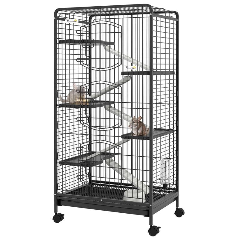 GABBIA PER PICCOLI ANIMALI CON RUOTE 5 RAMPE E 5 PIATTAFORME CIOTOLA E BOTTIGLIA 61.5X44X131 CM NERO