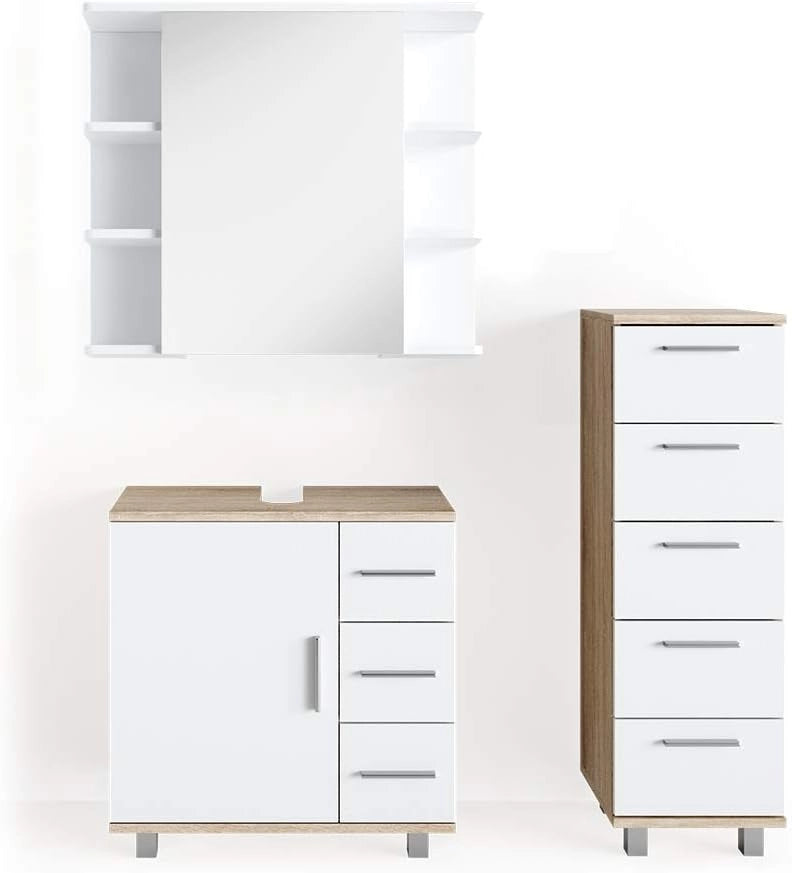 Set mobili bagno Ilias, Sonoma, 60 cm, composto da mobile sottolavabo, specchiera e mobile medio