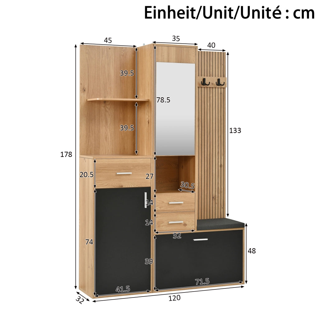 Garderoba da ingresso 120x32x178 cm con specchio; panca e illuminazione LED in MDF; nero e naturale