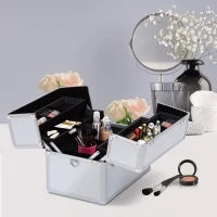 Valigetta Porta Trucchi a 3 Livelli con 2 Serrature, in Alluminio, MDF ed EVA, 36.5x24x29 cm, Argento
