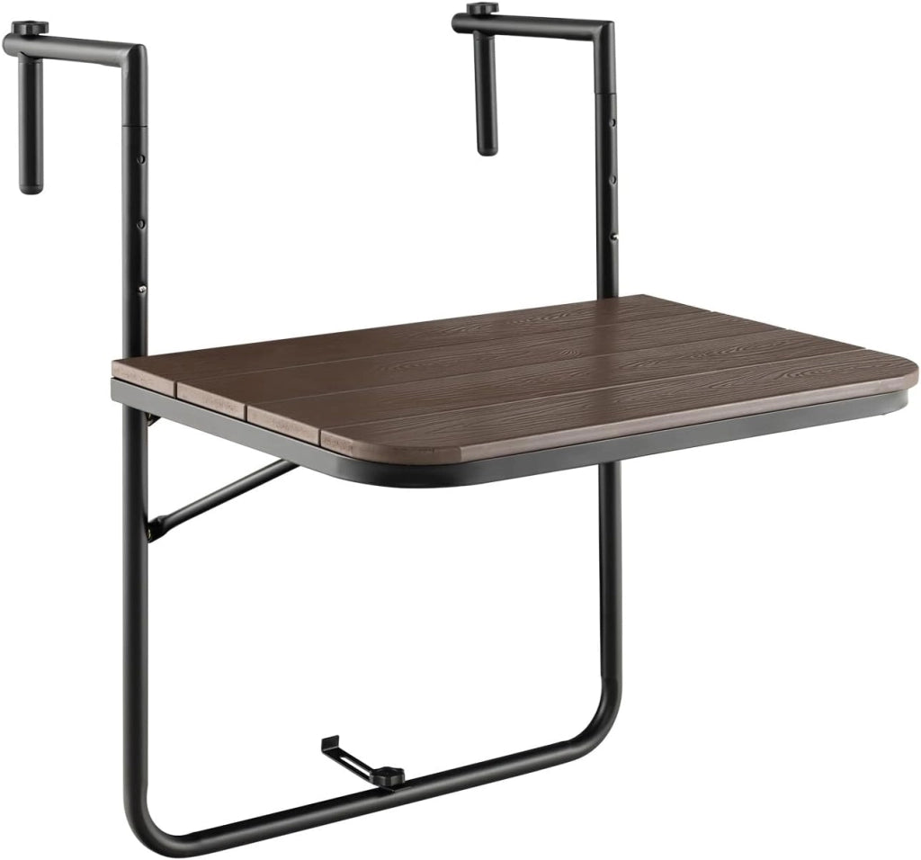 Tavolino Pieghevole da Balcone Nero/Marrone, Tavolo Tavolino da Ringhiera Salvaspazio Altezza Regolabile Struttura in Metallo, 72,5x64x60 cm (Marrone)