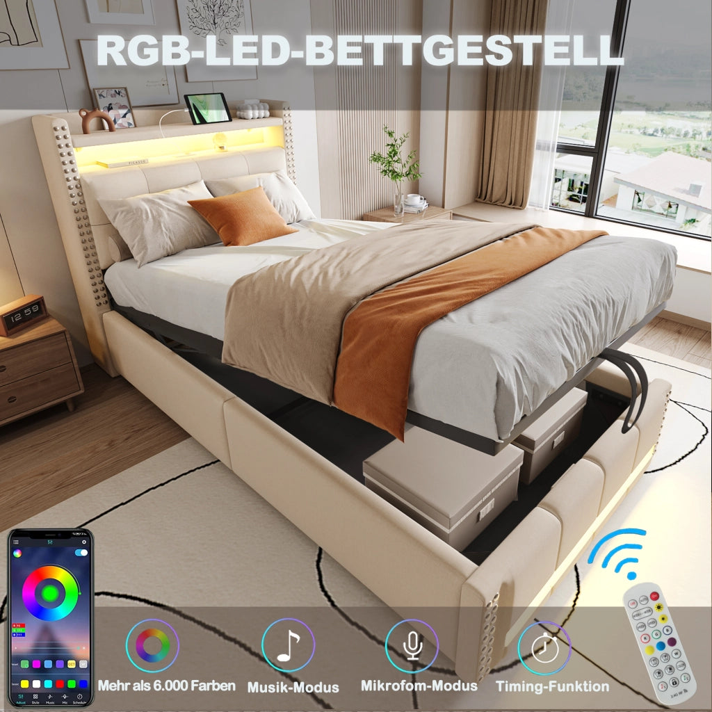 LETTO imbottito singolo 90x200 cm Beige con LED, USB e contenitore