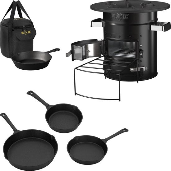 Oven a razzo nero con griglia e set di padelle a tre pezzi incl. borsa da trasporto nera BBQ