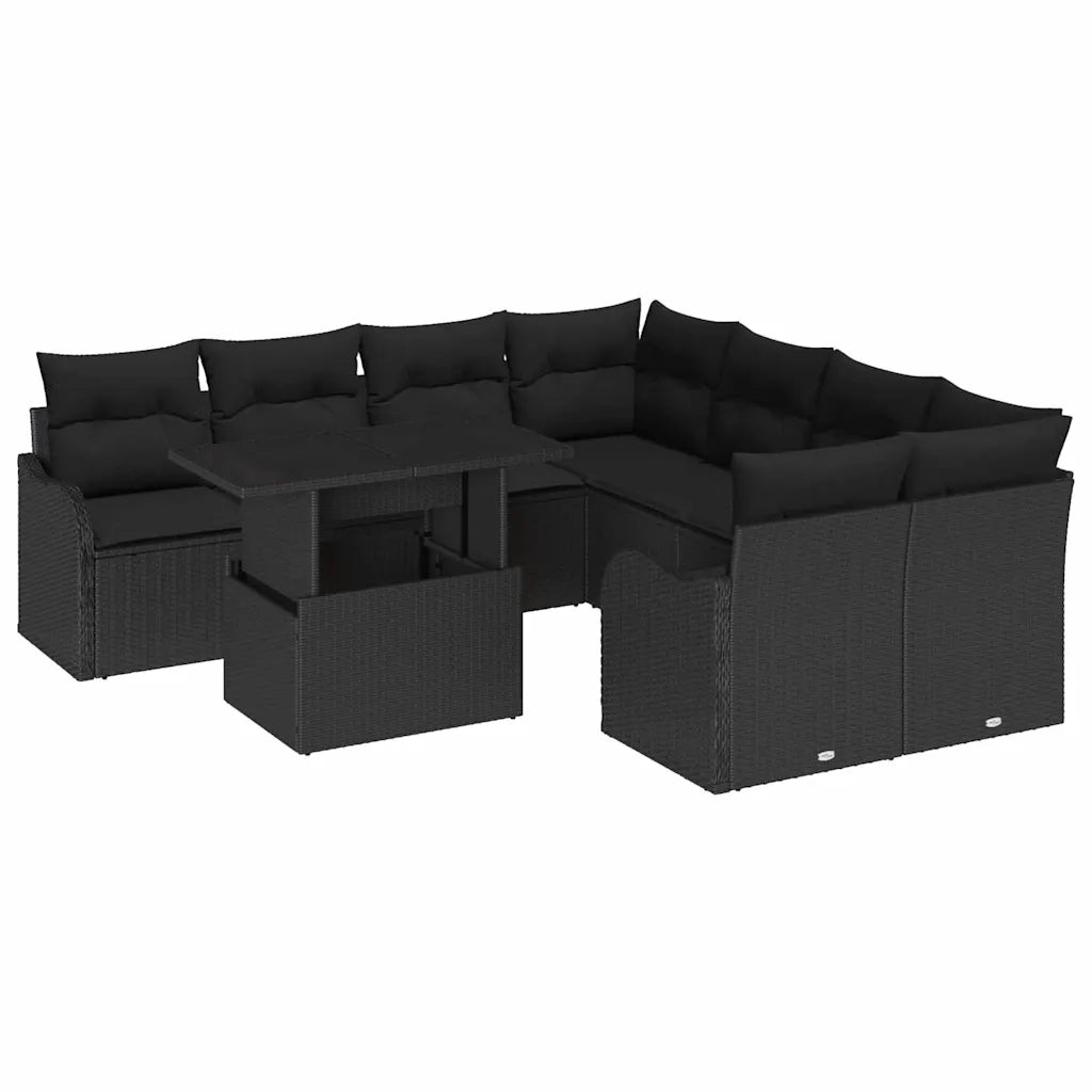 Set Divano da Giardino con cuscino 9 pcs Nero Polyrattan