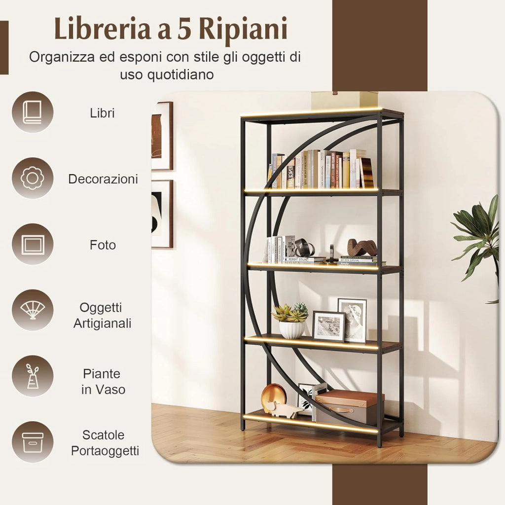 Libreria a 5 Ripiani, Scaffale Alto Indipendente con Design a Mezzaluna, Struttura in Metallo, Libreria da Parete per Soggiorno, Ufficio e Studio, 86 x 30 x 175 cm (Marrone Rustico)