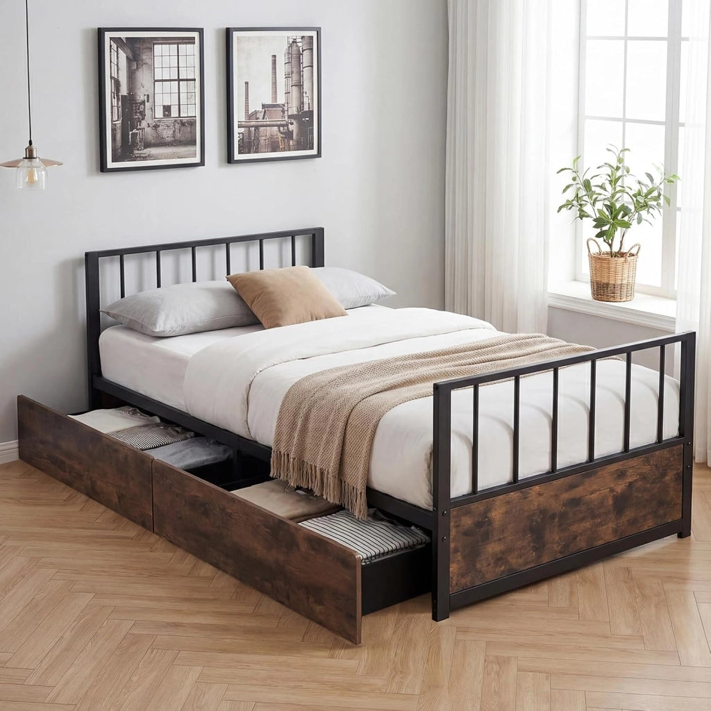 Letto Singolo 90x200 cm, Struttura Letto a Piattaforma Industriale con Testiera Pediera e 2 Cassetti, Doghe in Metallo, Silenzioso
