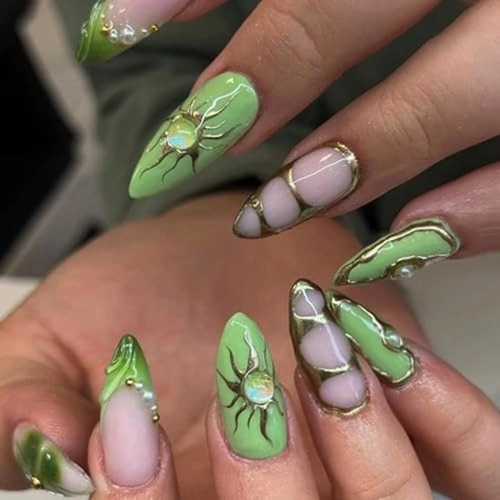 Set di unghie in pressione a forma di ammendoilino verde per Halloween, 24 pezzi