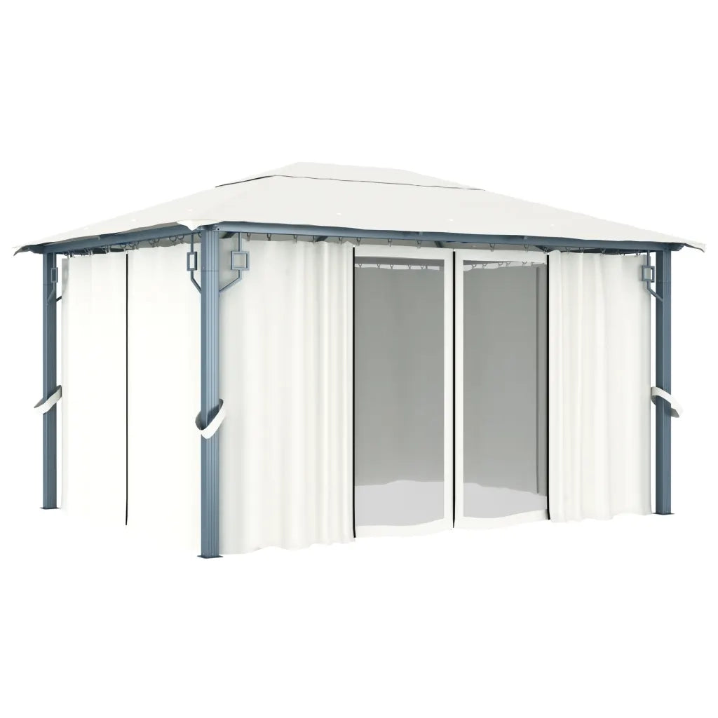 Gazebo con Tende Stringa di Luci LED 400x300 cm Crema Alluminio 3070335
