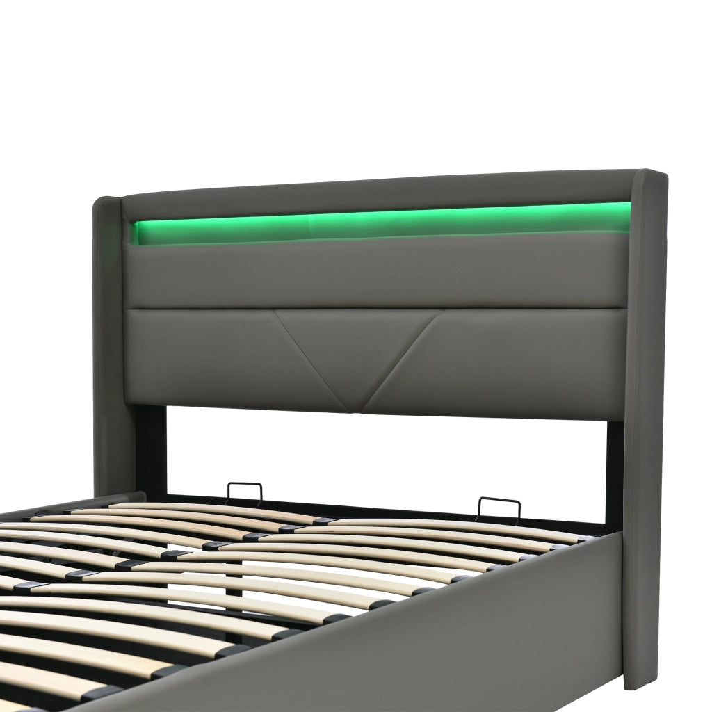 Letto imbottito 160x200 con vano contenitore idraulico illuminazione a LED e rivestimento in similpelle di colore grigio