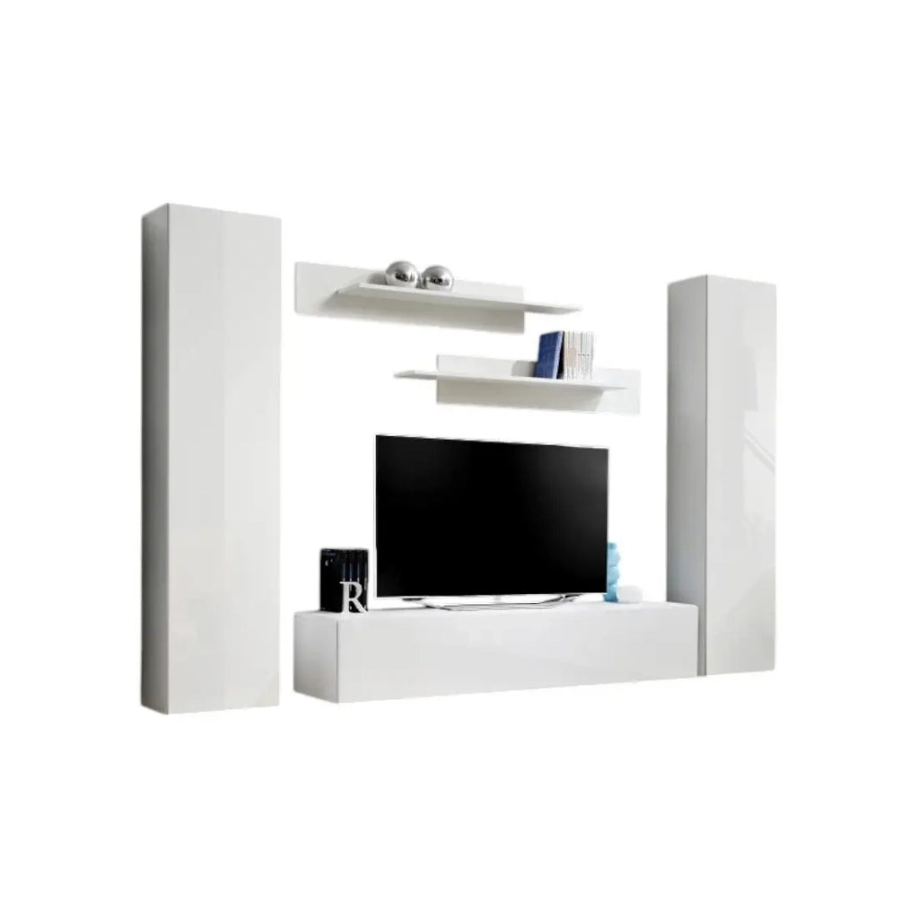 Mobile TV FLY A1 design, colore bianco lucido. Mobile sospeso moderno e alla moda per il vostro soggiorno.