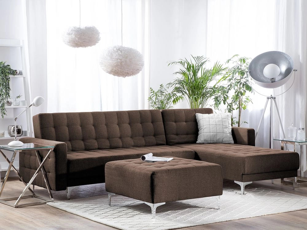 Divano letto angolare in tessuto capitonné marrone moderno a forma di L componibile a 4 posti con ottomana chaise longue versione sinistra