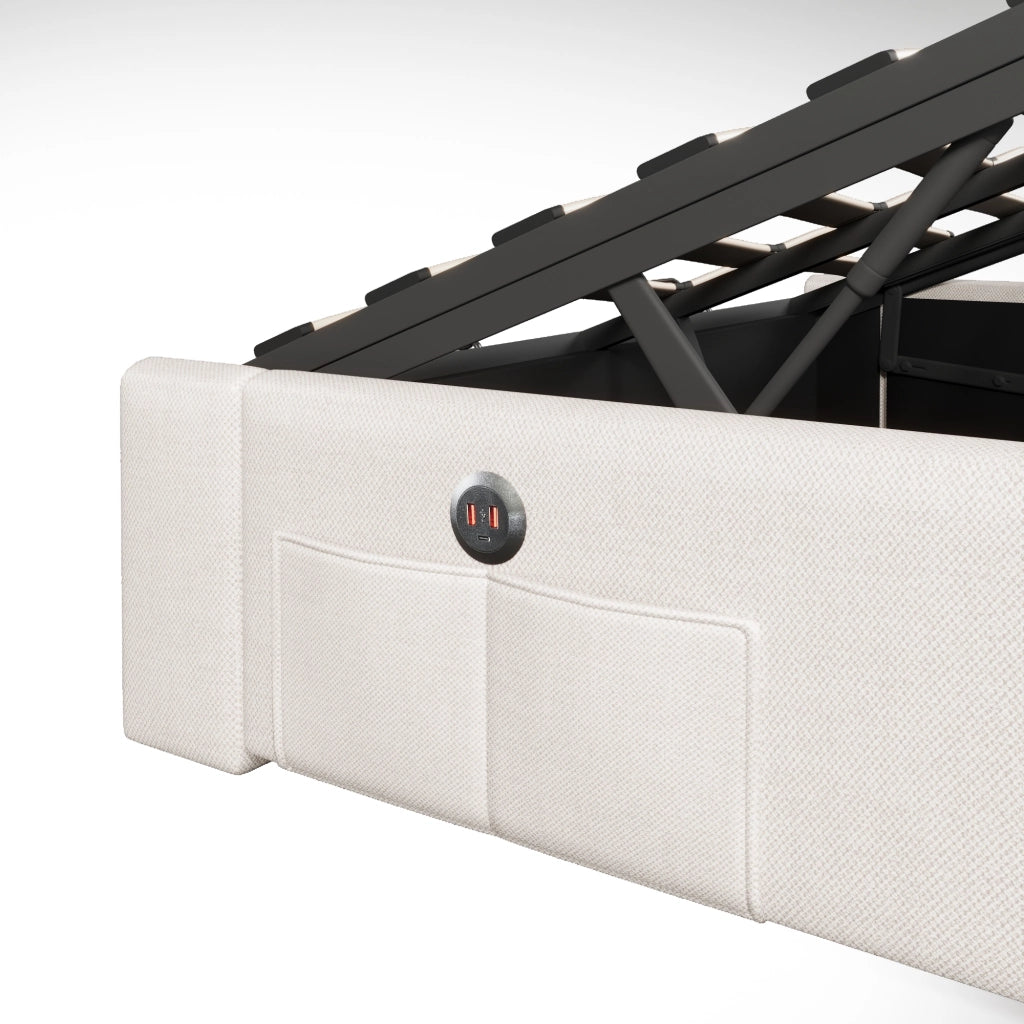Letto Contenitore 140x200 cm con LED; USB; Type-C e Tasche Laterali in Lino Beige